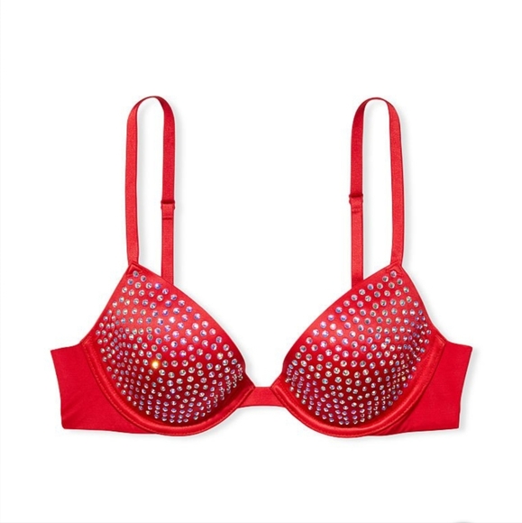 🆕️VS VERY SEXY Lightly Lined Embellished Bling Red Low cut Demi Bra Size 36C - Picture 7 of 12